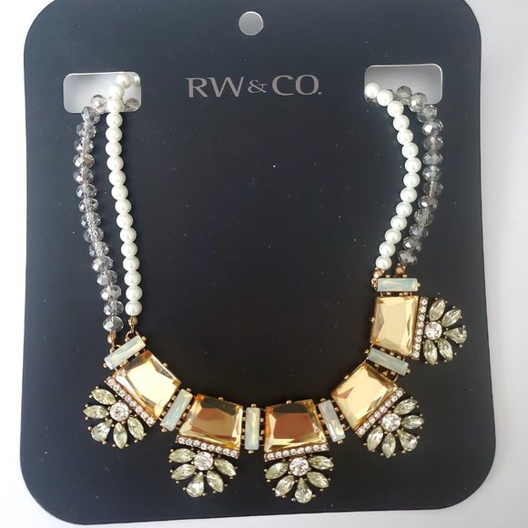 RW & CO. Bejewelled Rhinestones & Beaded Necklace w/ Square Champagne Stones - Picture 4 of 5